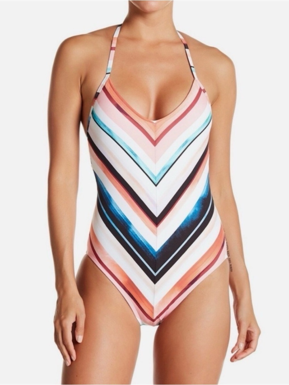 La Blanca Striped V-Neck One-Piece Swimsuit in Multi-Color size 10DD